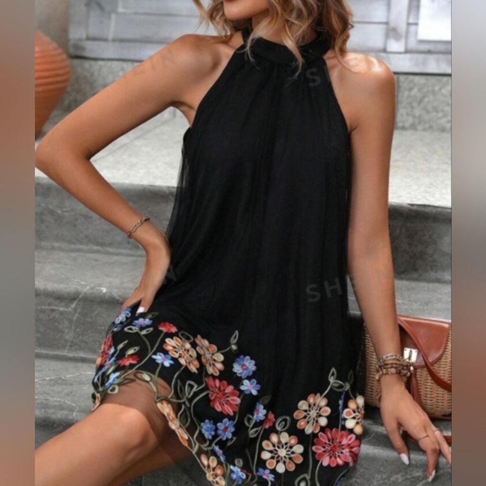 Stylish Mesh Overlay Swing Dress With Embroidered Flowers